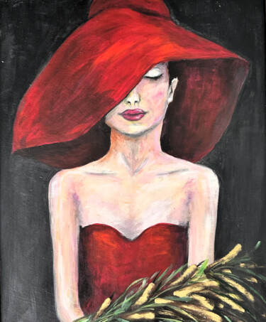 Peinture intitulée "Woman with red hat" par Alina Lidia Tanase, Œuvre d'art originale, Acrylique