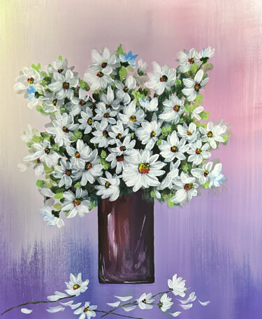 Ζωγραφική με τίτλο "Autumn white flowers" από Alina Lidia Tanase, Αυθεντικά έργα τέχνης, Ακρυλικό Τοποθετήθηκε στο Ξύλινο φο…