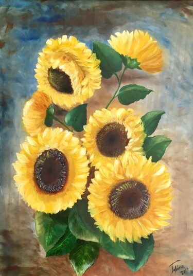 Painting titled "Sunflowers" by Alina Lidia Tanase, Original Artwork, Oil Mounted on Wood Stretcher frame