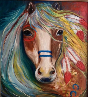 Painting titled "Indian war horse" by Alina Lidia Tanase, Original Artwork, Oil Mounted on Wood Stretcher frame