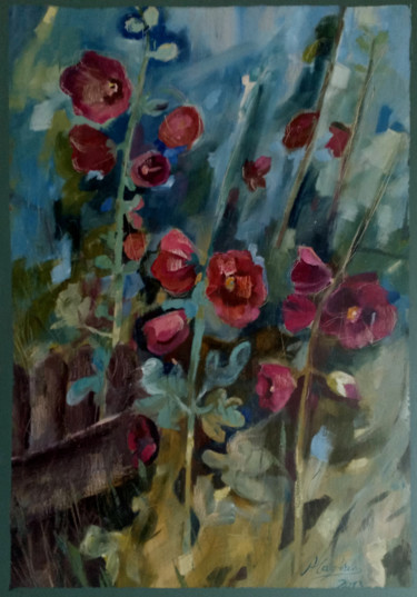 Painting titled "Mallow in the garden" by Alina Matykiewicz, Original Artwork, Oil Mounted on Other rigid panel