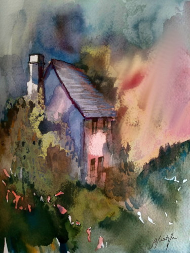 Painting titled "House in forest" by Alina Matykiewicz, Original Artwork, Watercolor