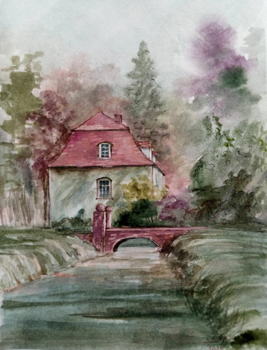 Ζωγραφική με τίτλο "House by the bridge" από Alina Matykiewicz, Αυθεντικά έργα τέχνης, Ακουαρέλα