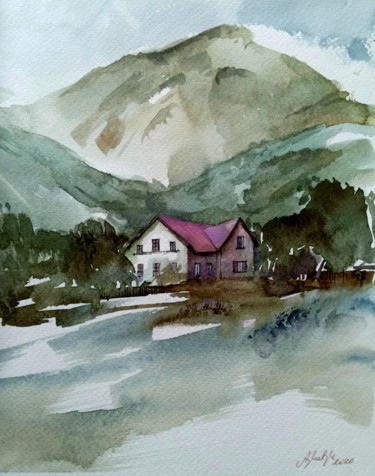 Painting titled "House withe a pink…" by Alina Matykiewicz, Original Artwork, Watercolor