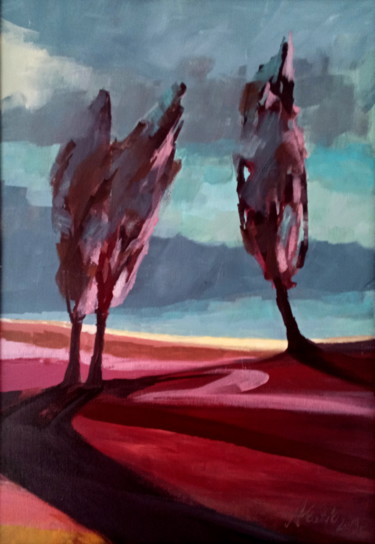 Painting titled "Trees by the road" by Alina Matykiewicz, Original Artwork, Oil