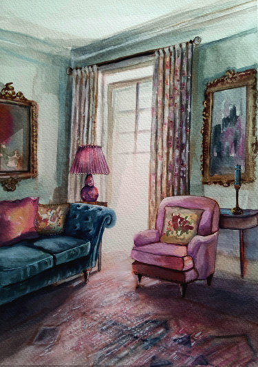 Pintura intitulada "Pink room" por Alina Matykiewicz, Obras de arte originais, Aquarela