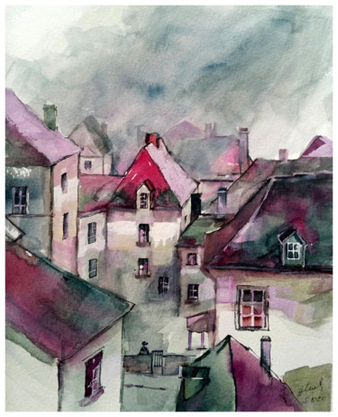 Painting titled "Pink roofs in the r…" by Alina Matykiewicz, Original Artwork, Watercolor