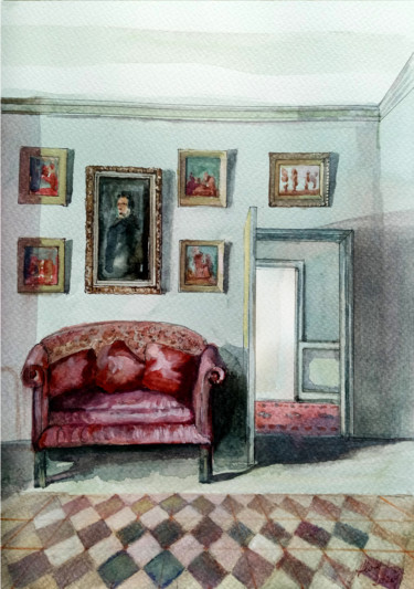Malarstwo zatytułowany „Sofa” autorstwa Alina Matykiewicz, Oryginalna praca, Akwarela