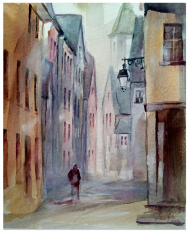 Pintura intitulada "In a dark alley" por Alina Matykiewicz, Obras de arte originais, Aquarela
