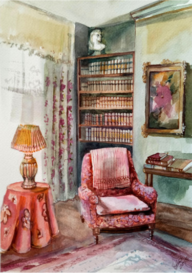 Malarstwo zatytułowany „In pink room” autorstwa Alina Matykiewicz, Oryginalna praca, Akwarela
