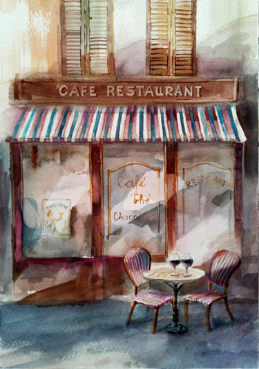 Malerei mit dem Titel "Cafe rose" von Alina Matykiewicz, Original-Kunstwerk, Aquarell