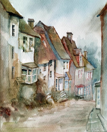 Painting titled "Street in the villa…" by Alina Matykiewicz, Original Artwork, Watercolor
