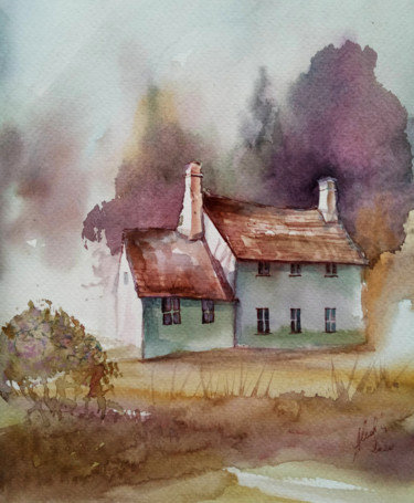 Painting titled "Two houses" by Alina Matykiewicz, Original Artwork, Watercolor