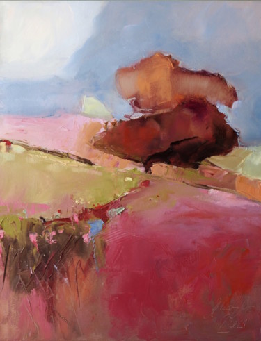 Peinture intitulée "Pink yellow meadow" par Alina Matykiewicz, Œuvre d'art originale, Huile Monté sur Panneau de bois