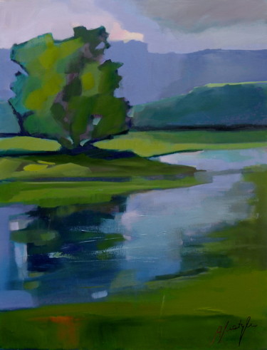 Painting titled "By the river" by Alina Matykiewicz, Original Artwork, Oil Mounted on Wood Panel