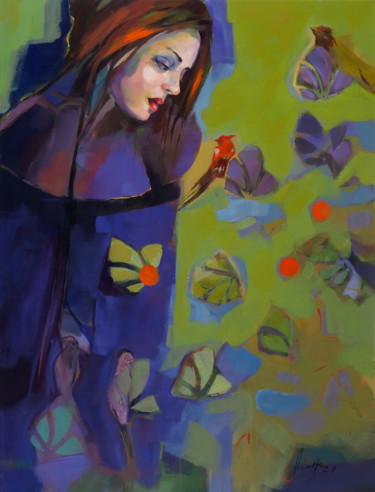 Pittura intitolato "Woman with birds" da Alina Matykiewicz, Opera d'arte originale, Olio Montato su artwork_cat.
