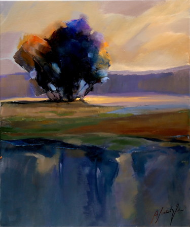 Painting titled "Evening landscape" by Alina Matykiewicz, Original Artwork, Oil Mounted on Wood Panel
