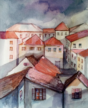 Pintura intitulada "Città" por Alina Matykiewicz, Obras de arte originais, Aquarela
