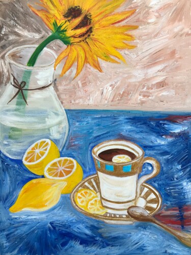 Painting titled "Lemons with tea" by Alina Morozova, Original Artwork, Oil