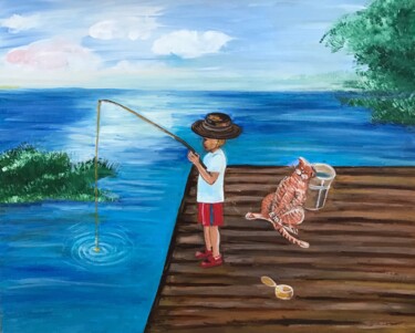 Schilderij getiteld "The boy is fishing,…" door Alina Morozova, Origineel Kunstwerk, Olie