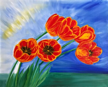 Painting titled "Red tulips" by Alina Morozova, Original Artwork, Oil