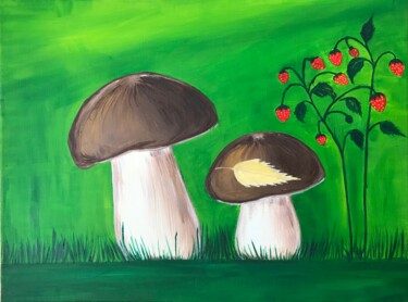 Painting titled "Mushrooms" by Alina Morozova, Original Artwork, Oil Mounted on Wood Stretcher frame