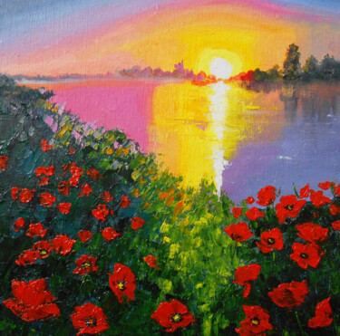 Painting titled "Poppies at sunset" by Alina Naumova, Original Artwork, Oil