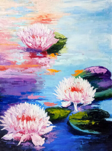 Painting titled "Water lilies in the…" by Alina Naumova, Original Artwork, Oil