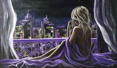 Painting titled "Girlfriend – night…" by Alina Nikitina, Original Artwork, Acrylic Mounted on Wood Panel