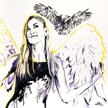 Painting titled "Me and totem eagle…" by Alina Nikitina, Original Artwork, Acrylic Mounted on Wood Stretcher frame