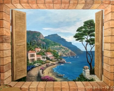 Painting titled "A window to the Med…" by Alina Nikitina, Original Artwork, Acrylic Mounted on Wood Panel