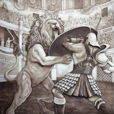 Painting titled "Gladiator. Battle w…" by Alina Nikitina, Original Artwork, Plaster Mounted on Wood Panel