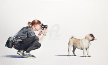 Peinture intitulée "Photographer and dog" par Alina Shangina, Œuvre d'art originale, Aquarelle