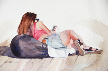 Painting titled "Girl on the beach" by Alina Shangina, Original Artwork, Watercolor