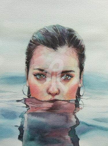Painting titled "Fille dans l'eau" by Alina Shangina, Original Artwork, Watercolor