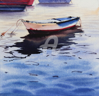 Картина под названием "Boat on the lake" - Alina Shangina, Подлинное произведение искусства, Акварель