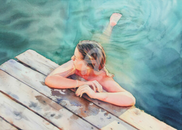 Malerei mit dem Titel "The girl in the wat…" von Alina Shangina, Original-Kunstwerk, Aquarell