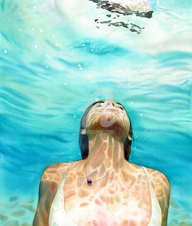 Malarstwo zatytułowany „"Girl underwater"” autorstwa Alina Shangina, Oryginalna praca, Akwarela