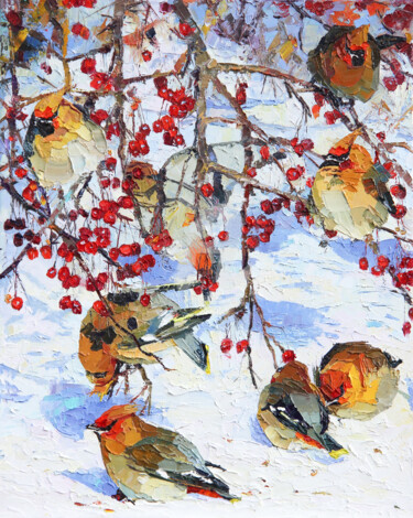 Painting titled "Waxwings" by Alina Shangina, Original Artwork, Oil