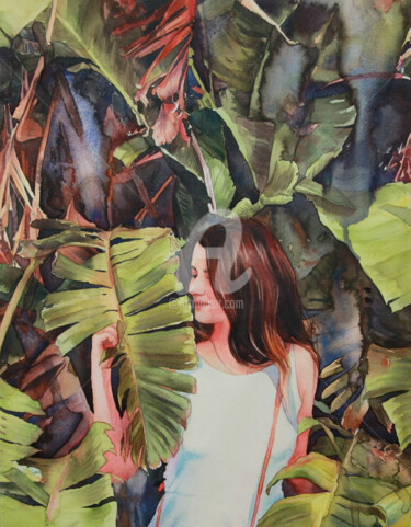 Painting titled "Girl in the tropics…" by Alina Shangina, Original Artwork, Watercolor