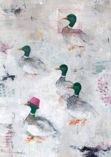 Painting titled "Fighting ducks" by Alina Shevchenko, Original Artwork, Acrylic Mounted on Wood Stretcher frame