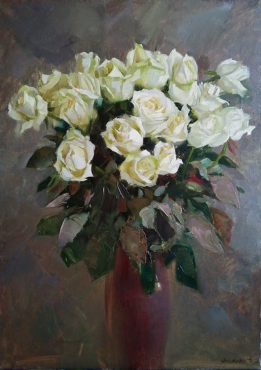 Painting titled "Белые розы" by Alina Yakhyaeva, Original Artwork, Oil