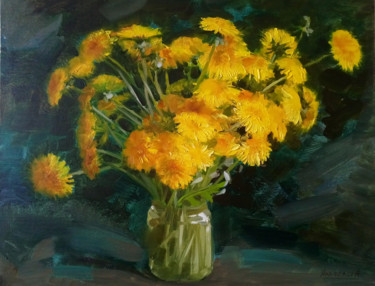 Картина под названием "Желтые одуванчики" - Alina Yakhyaeva, Подлинное произведение искусства, Масло