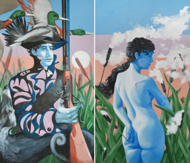 Painting titled "Diptych "Hunter"" by Alina & Alex Anokhin, Original Artwork, Acrylic Mounted on Wood Stretcher frame
