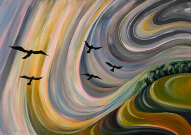 Painting titled "Birds in the Cloude…" by Alina Landers, Original Artwork, Acrylic Mounted on Wood Stretcher frame