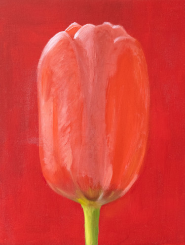 Painting titled "red tulip floral oi…" by Alina Odwyer, Original Artwork, Oil Mounted on Wood Stretcher frame