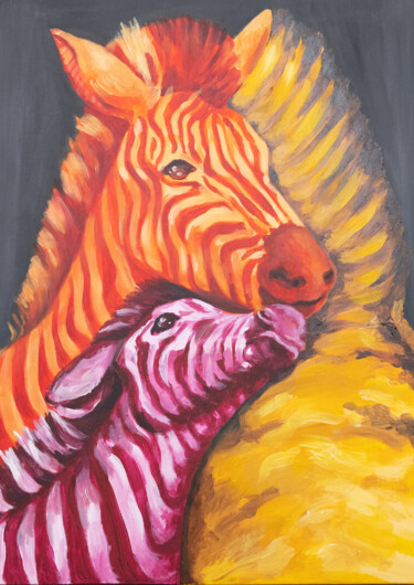 Painting titled "Colourful zebras an…" by Alina Odwyer, Original Artwork, Oil