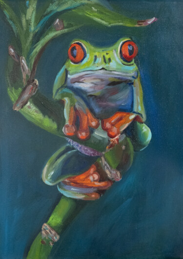 Schilderij getiteld "Colourful frog anim…" door Alina Odwyer, Origineel Kunstwerk, Olie