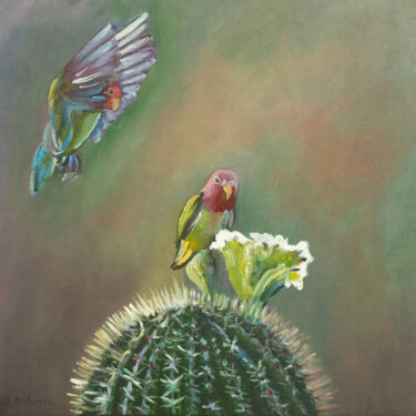 Painting titled "Cactus with birds a…" by Alina Odwyer, Original Artwork, Oil