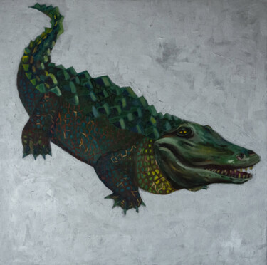 Malarstwo zatytułowany „Crocodile on a silv…” autorstwa Alina Odwyer, Oryginalna praca, Olej